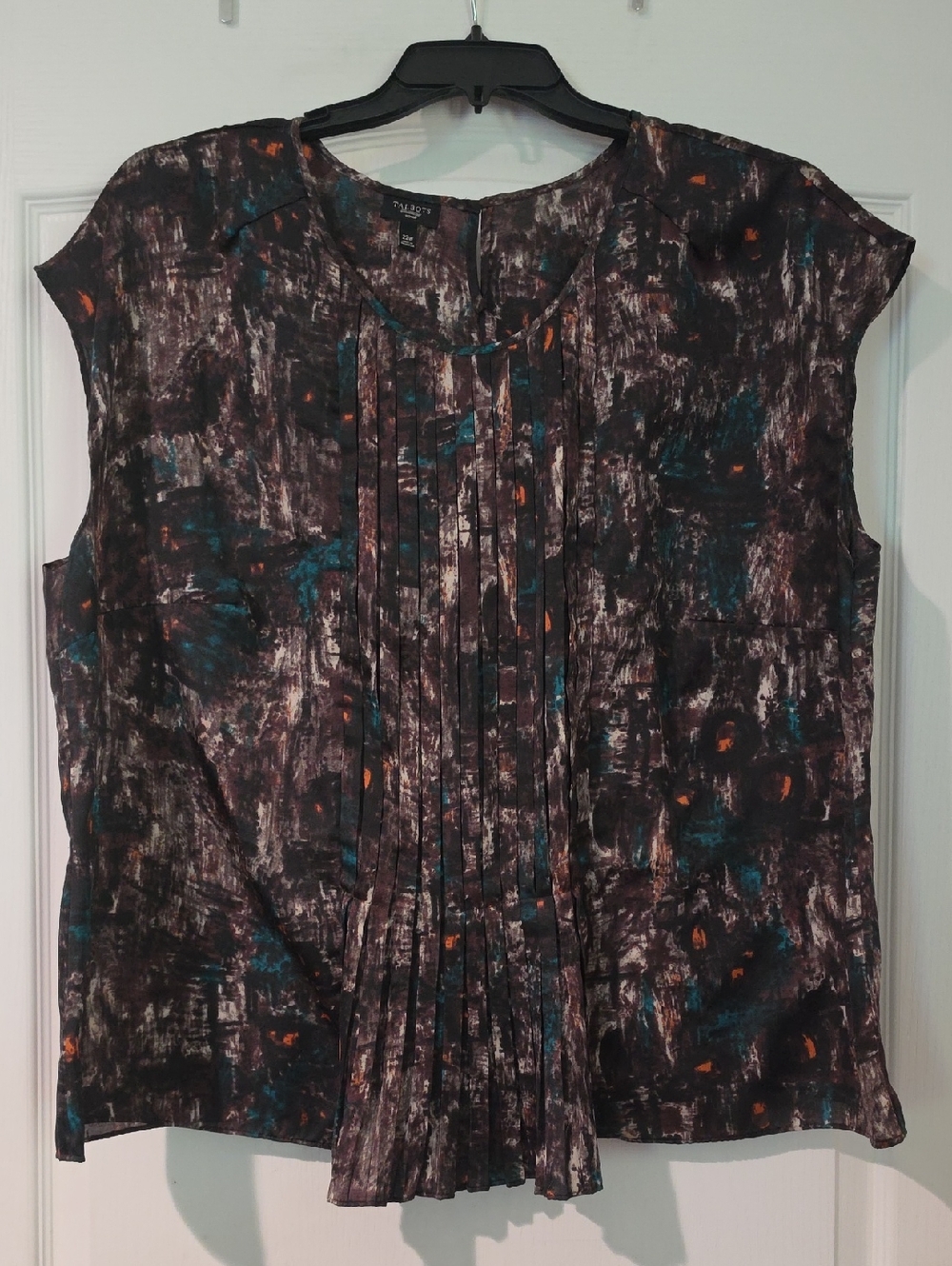 Talbot's Womans Plus Brown Teal Mixed-Print Pleated Cap-Sleeve Top Size 22w